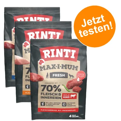 RINTI Max-i-Mum Fresh Hundefutter, zubereitet mit 70% Fleisch & Innereien, reich an Rind, getreidefreie Rezeptur, 4kg. Jetzt testen!