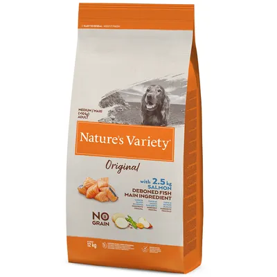 Nature's Variety Original hundefoder, with 2.5 kg salmon deboned fish main ingredient, NO grain, medium/maxi adult (+10 kg), nettovægt 12 kg. Billede af laks og grøntsager på posen.