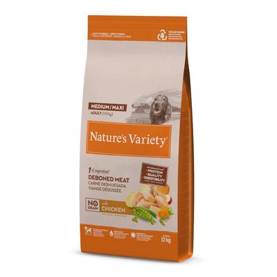 Saco de ração Nature’s Variety Medium/Maxi Adult (+10 kg), 1.º ingrediente carne desossada, sem cereais, com frango, proteína, qualidade, digestibilidade, peso líquido 12 kg.