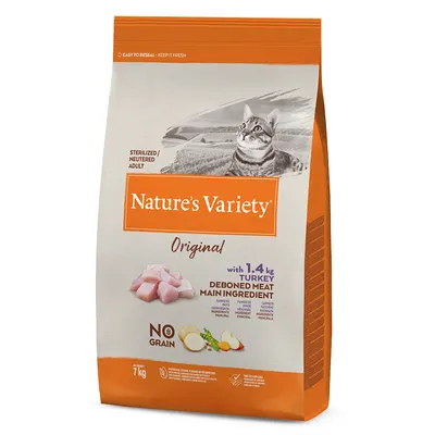 Nature's Variety Original kattefoder, 7 kg pose. Tekst: with 1.4 kg turkey deboned meat main ingredient, sterilized/neutered adult, no grain. Billede af kalkunkød og grøntsager.
