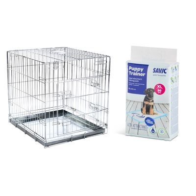 Cage en métal pour chien et paquet de Puppy Trainer, avec pastille rouge indiquant 'Prix mini'.
