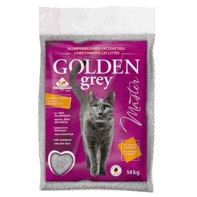 Golden Grey Master zbrylający żwirek dla kotów, 14 kg, o zapachu pudru dla dzieci, ok. 380% chłonności, bardzo mało pyli, wydajny, z minerałami higienicznymi.