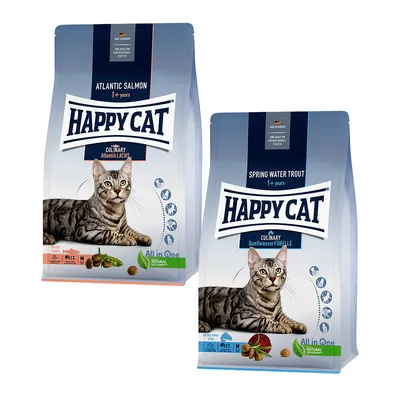 Happy Cat torrfoder för katter från 1 år. Varianter: atlantisk lax och källvattenöring. All in One-recept, naturliga ingredienser, tillverkat i Tyskland.
