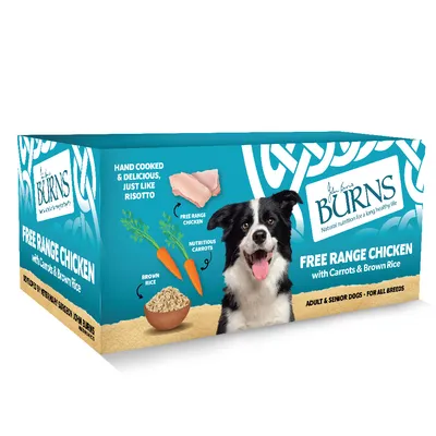 Burns Free Range Chicken s mrkví a hnědou rýží. Ručně vařené jako rizoto. Pro dospělé a starší psy všech plemen. Vyvinuto veterinářem Johnem Burnsem.