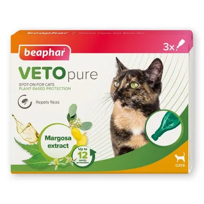 VETOpure spot-on for cats, plant-based protection with margosa extract, repels fleas, up to 12 weeks protection, pack contains 3 pipettes.