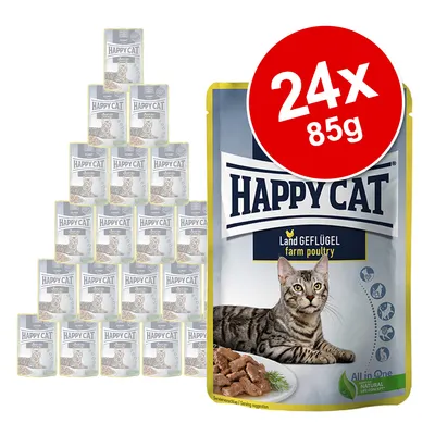 Happy Cat Land hydinové mokré krmivo, balenie 24x85g. Zobrazené: obal produktu s mačkou a kúskami krmiva.
