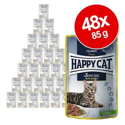 Zestaw 48 saszetek Happy Cat Culinary Land Geflügel, każda po 85 g. Widoczny kot i kawałki karmy na opakowaniu. Informacja: dla kotów powyżej 1 roku.