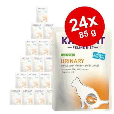 Kattovit Feline Diet Urinary mit Pute, Struvitstein-Prophylaxe (FLUTD), moderater Magnesiumgehalt, harnsäuernd. Packung: 24x 85g, verbesserte Rezeptur.