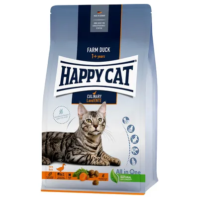 Happy Cat Farm Duck Culinary Land Ente torrfoder för katt, 1+ år, synlig text: Made in Germany, farm duck, 86 %, All in One, Natural Life Concept, bild på katt och foderbitar.