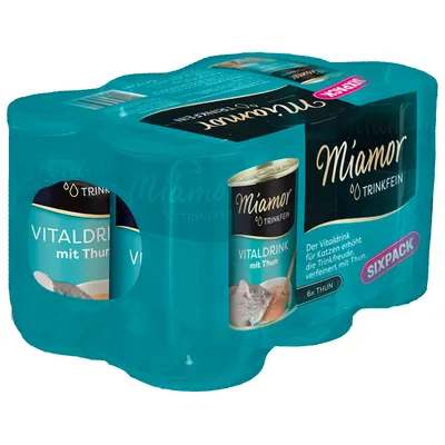 Pack de 6 boîtes Miamor Trinkfein Vitaldrink mit Thun, texte visible : SIXPACK. Boisson pour chats au thon, image d’un chat sur l’emballage.