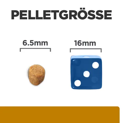 Pelletgrösse: Vergleich zwischen einem Pellet mit 6,5 mm Durchmesser und einem blauen Würfel mit 16 mm Kantenlänge.