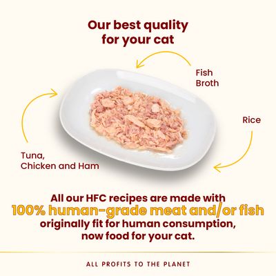 Plate of food with tuna, chicken, ham, rice and fish broth. Text states HFC recipes use 100% human-grade meat and/or fish originally fit for human consumption, now food for your cat.