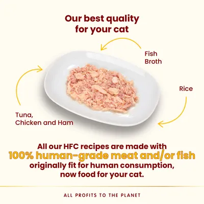 Plate of food with tuna, chicken, ham, rice and fish broth. Text states HFC recipes use 100% human-grade meat and/or fish originally fit for human consumption, now food for your cat.