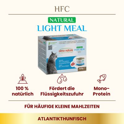 Almo Nature HFC Natural Light Meal mit Atlantikthunfisch, 100% natürlich, fördert Flüssigkeitszufuhr, Mono-Protein. Für häufige kleine Mahlzeiten. Packung: 4x50g.