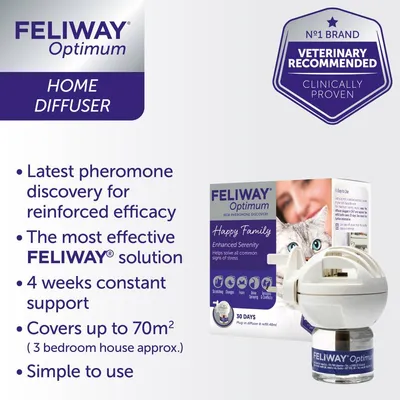 Feliway Optimum Home Diffuser. Latest pheromone discovery, most effective solution, 4 weeks support, covers up to 70m², simple to use. Veterinary recommended and clinically proven.
