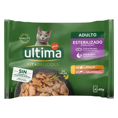 Ultima Fit & Delicious Adulto Esterilizado, 4 saquetas de 85 g em molho: 2 com frango, 2 com salmão. Sem corantes nem conservantes adicionados. Controlo do peso, fácil de digerir.