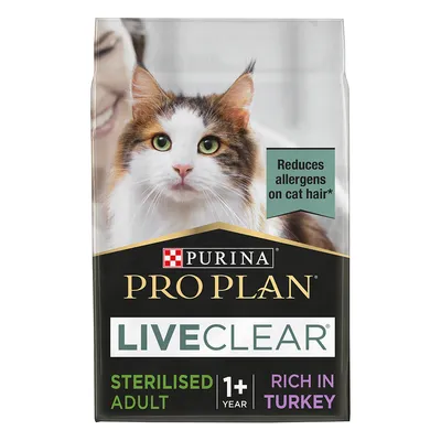 Purina Pro Plan LiveClear Sterilised Adult 1+ Year Rich in Turkey. Reduces allergens on cat hair. Opakowanie karmy dla dorosłych kotów sterylizowanych, bogatej w indyka.