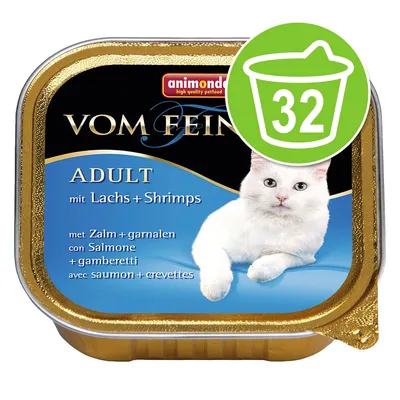 animonda Vom Feinsten Adult met zalm en garnalen, afbeelding van witte kat op verpakking, groene emmerpictogram met het getal 32 zichtbaar rechtsboven.