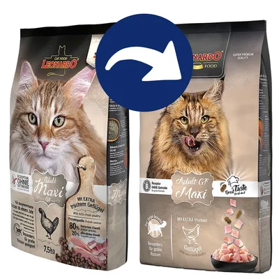 Leonardo Cat Food Adult Maxi GF, Rezeptur ohne Getreide, mit extra frischem Geflügel. Besonders für grosse Rassen geeignet. Packungsgrösse: 7,5kg.