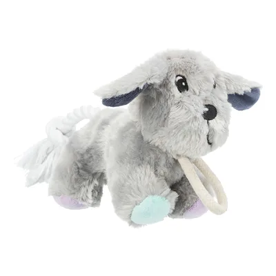 Jouet pour chien en forme d’animal, peluche grise avec oreilles bleues, pattes colorées et corde blanche à l’arrière. Matières visibles : tissu peluche et corde.