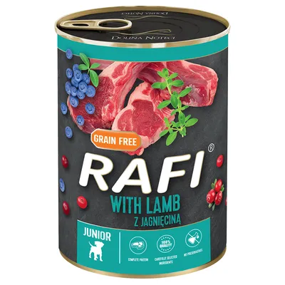 Rafi Junior υγρή τροφή με αρνί, grain free, χωρίς συντηρητικά, προσεκτικά επιλεγμένα συστατικά, πλήρης πρωτεΐνη. Εμφανίζονται: μύρτιλα, κράνμπερι και βότανα.