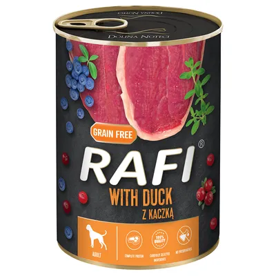 Rafi Adult nedves eledel kacsával, gabonamentes. Gondosan válogatott összetevőket tartalmaz, tartósítószer nélkül, teljes értékű fehérje. Áfonyával és gyógynövényekkel díszítve.