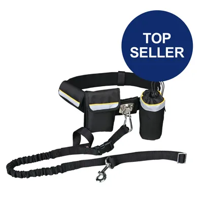 Schwarzer Laufgürtel mit Taschen, Trinkflaschenhalter und elastischer Hundeleine. Kreisförmiger blauer Sticker mit weißem Text: 'Top Seller'.