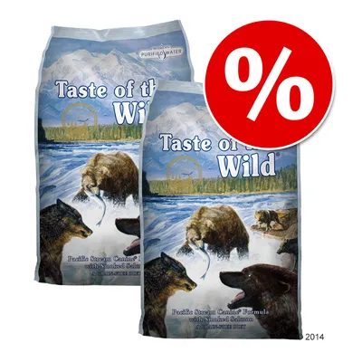 Две упаковки Taste of the Wild Pacific Stream Canine Formula with Smoked Salmon, крупный красный знак процента для обозначения скидки