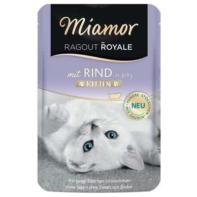 Miamor Ragout Royale mit Rind in Jelly Kitten. Voor jonge katjes, zonder soja en zonder toegevoegde suiker. Met taurine. Nieuw. Duitse tekst: 'Für junge Kätzchen im Wachstum'.