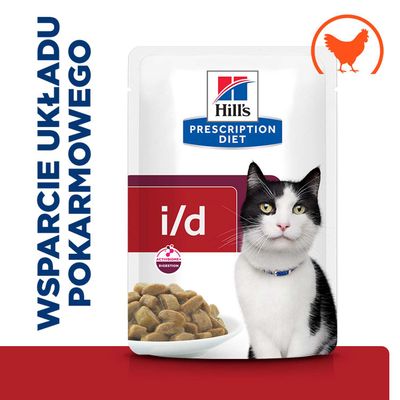 Hill's Prescription Diet i/d z kurczakiem, wspomaganie układu trawiennego. Opakowanie z wizerunkiem czarno-białego kota i miski na karmę.