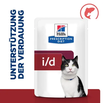 Hill's Prescription Diet i/d. Unterstützung der Verdauung. Verpackung mit Fischsymbol. Hill's Prescription Diet i/d. Unterstützung der Verdauung. Verpackung mit Fischsymbol.
