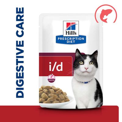 Hill's Prescription Diet i/d, ACTIVEBIOME+ DIGESTION, Emésztési támogatás, egy macska és táplálékdarabok ábrázolása a csomagoláson.