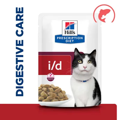 Hill's Prescription Diet i/d, ACTIVEBIOME+ DIGESTION, Emésztési támogatás, egy macska és táplálékdarabok ábrázolása a csomagoláson. Hill's Prescription Diet i/d, ACTIVEBIOME+ DIGESTION, Emésztési támogatás, egy macska és táplálékdarabok ábrázolása a csomagoláson.