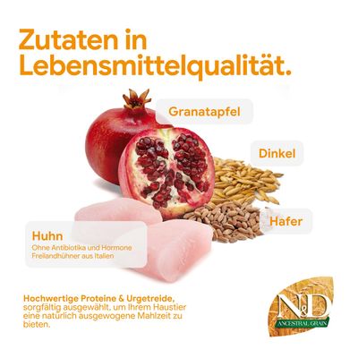 Zutaten in Lebensmittelqualität: Granatapfel, Dinkel, Hafer, Huhn ohne Antibiotika und Hormone. Hochwertige Proteine und Urgetreide für eine ausgewogene Mahlzeit.