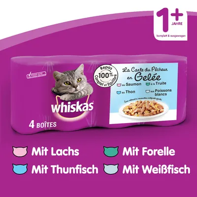 Whiskas La Carte du Pêcheur aszpikban, 4 tasak lazaccal, pisztránggal, tonhallal és fehér hallal. 1 évesnél idősebb macskáknak, 100% teljes értékű és kiegyensúlyozott.