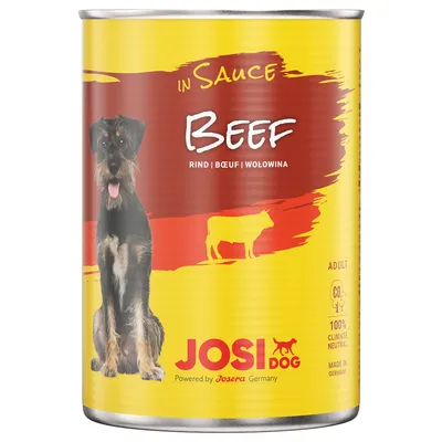 Консерва JosiDog Beef in Sauce с изображение на куче, надпис 'Beef', икона на крава, текст: Rind | Bœuf | Wołowina, 100% climate neutral, Made in Germany, за възрастни кучета.