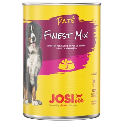JosiDog Paté Finest Mix koiran märkäruokapurkki, 5 lihan lajia, aikuisille koirille. Tekstit: 100% climate neutral, made in Germany, Powered by Josera Germany.