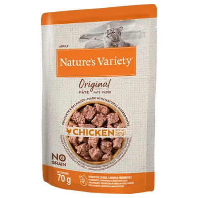 Sachet Nature’s Variety Original pâté pour chat adulte, saveur poulet, 70 g. Texte visible : NO GRAIN, sans colorants, conservateurs ni arômes artificiels. Image de morceaux de pâté.