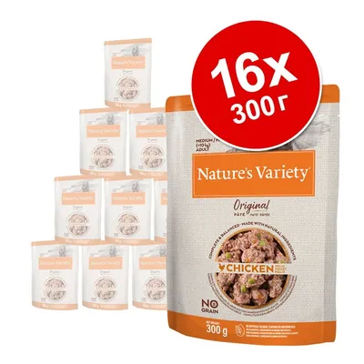 Пакет Nature's Variety Original с пиле, 300 г. Комплект от 16 броя. Видимо: без зърно, снимка на храната, надпис 'CHICKEN', 'NO GRAIN', '16x 300г' в червен кръг.