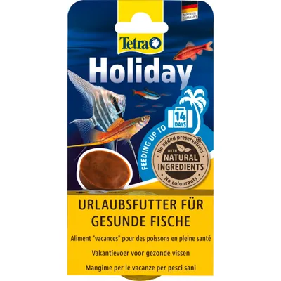 Tetra Holiday pokarm wakacyjny dla zdrowych ryb, do 14 dni, naturalne składniki, bez konserwantów i barwników, wyprodukowano w Niemczech.