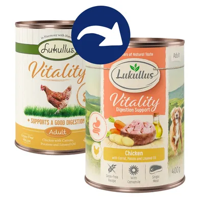 Lukullus Vitality Adult, Huhn mit Karotten, Kartoffeln und Leinöl, getreidefreie Rezeptur, mit Kamille, Single Meat, 400g. Lukullus Vitality Adult, Huhn mit Karotten, Kartoffeln und Leinöl, getreidefreie Rezeptur, mit Kamille, Single Meat, 400g.