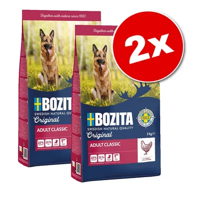 Lot de 2 sacs Bozita Adult Classic Original 3 kg, 23 % protéines, 11 % matières grasses, poulet frais, marque suédoise, texte visible : Together with nature since 1903