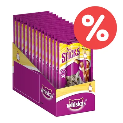Whiskas Sticks mit Huhn, 90% Fleischanteil. Großpackung mit Rabatt-Symbol.