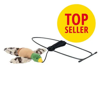 Plüschente mit grünem Kopf und gelbem Schnabel an schwarzer Schnur, daneben gelber Kreis mit rotem Text: TOP SELLER