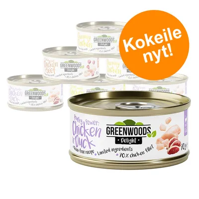 Greenwoods Delight -märkäruokapurkkeja, näkyvissä maut kuten Chicken in Duck ja Chicken Beef, teksti: 70 % chicken fillet. Oranssi ympyrä: Kokeile nyt!