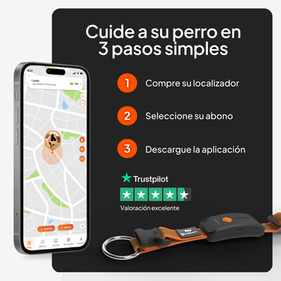 Instrucciones en tres pasos: 1. Compre el localizador, 2. Elija su suscripción, 3. Descargue la aplicación. Valoración en Trustpilot: excelente.