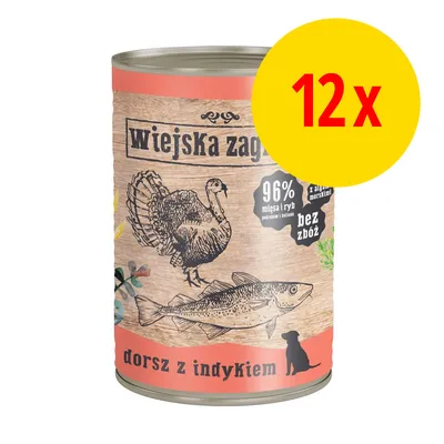 Conserve Wiejska Zagroda, texte en polonais : 96 % mięsa i ryb, bez zbóż, dorsz z indykiem. Illustration de dinde et poisson. Lot de 12 boîtes indiqué en jaune.