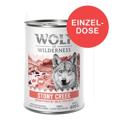 Wolf of Wilderness Stony Creek Einzel-Dose, 400g, frisches Geflügel und Rind, mit Wildbeeren, Wurzeln und Kräutern, 100% getreidefreie Rezeptur.