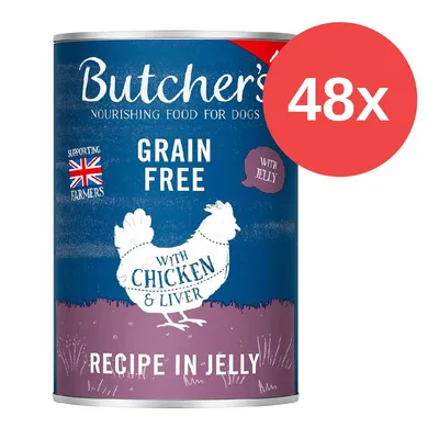 Butcher's Grain Free Rezept in Gelee mit Huhn und Leber, unterstützt Bauern. Packung mit 48 Dosen.