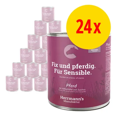 Lot de 24 boîtes Herrmann's Manufaktur, texte visible : Fix und pferdig. Für Sensible. Pferd mit Süßkartoffel und Zucchini. Sensibel Sensitive.